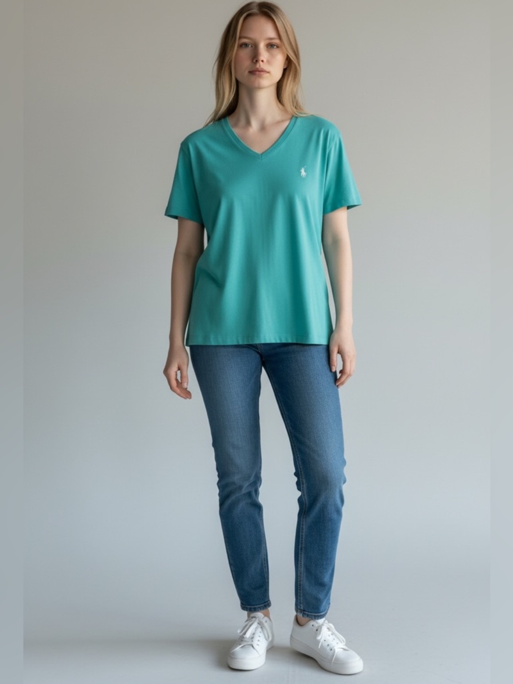 Ralph Lauren Sport Shirt Womens XL Green V Neck Pony Logo Cotton Casual Tee